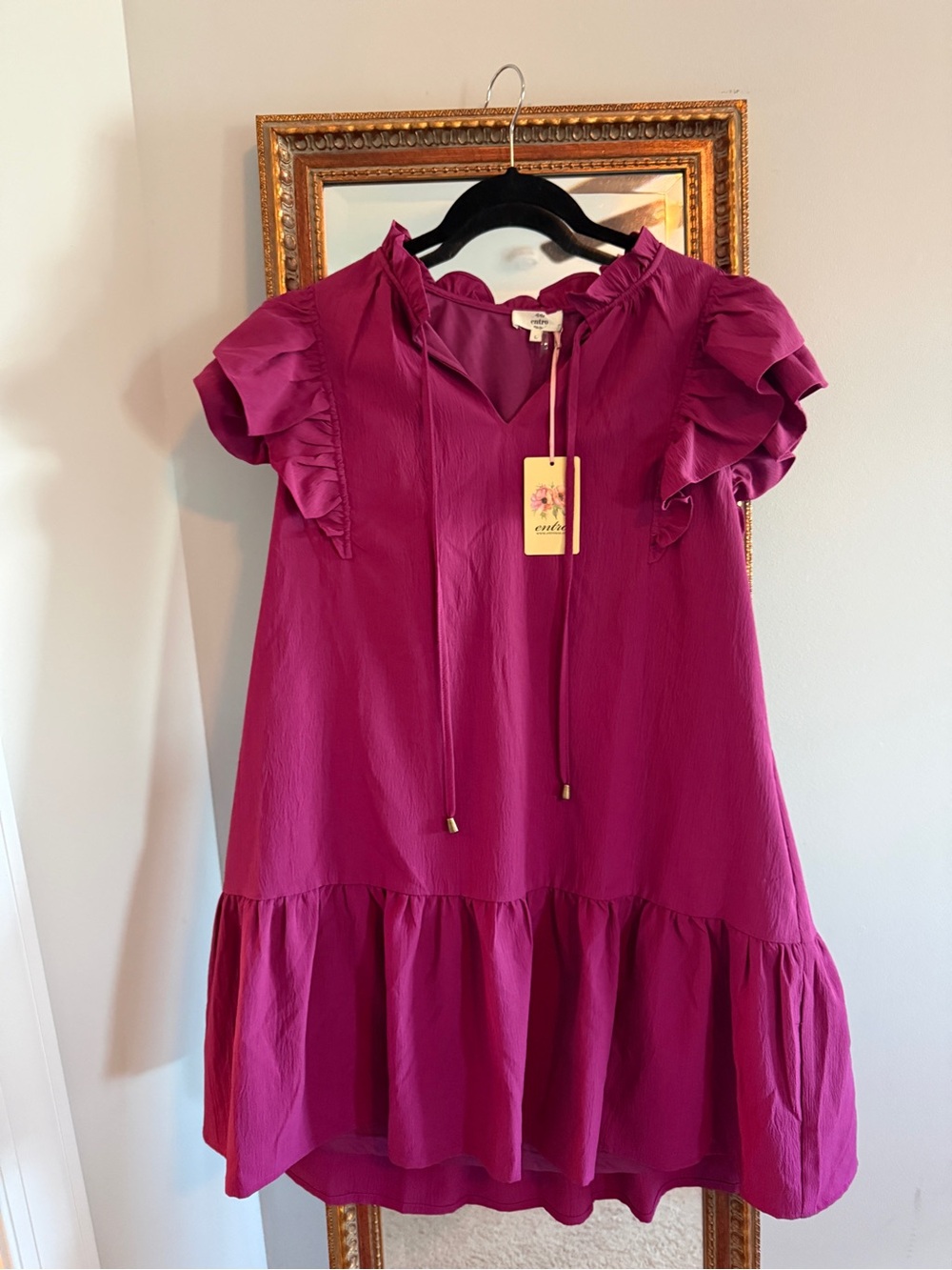 entro Magenta Ruffle Sleeve Tie-Front Dress